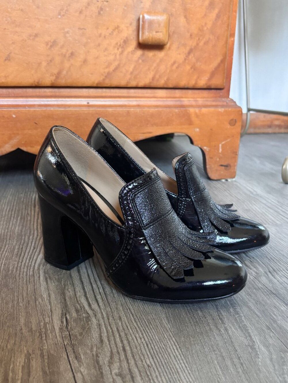 Black Patent Leather Chunky Heel Loafer Shoes